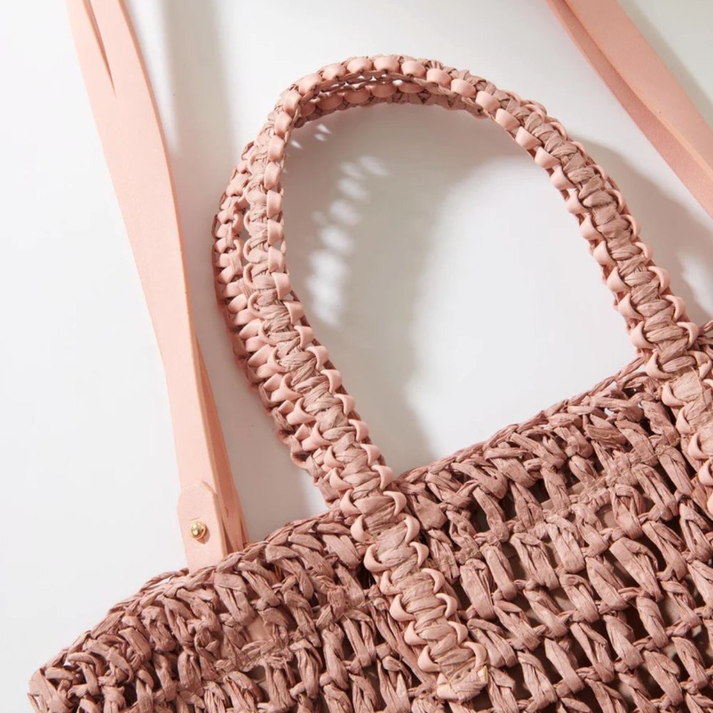 NWT Rare Zara Woven BRAID Paper Tote Summer Bag Pale Pink - Picture 2 of 13